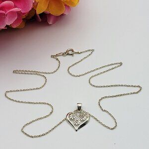 Vintage ATI 925 Sterling Silver GRANDMA FLORAL HEART Necklace 17 Inch